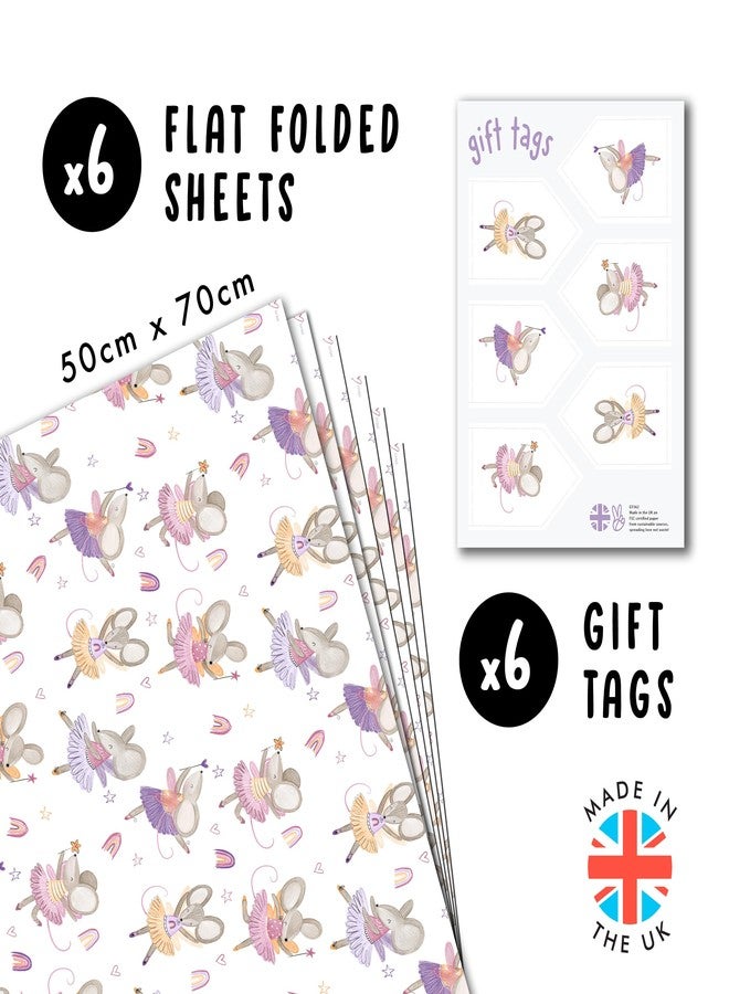 CENTRAL 23 Mouse Wrapping Paper - 6 Sheets Of Gift Wrap For Her - Ballerina Mouse Rainbow Heart Design - White Gift Wrapping Paper - Comes With Stickers - Image 2